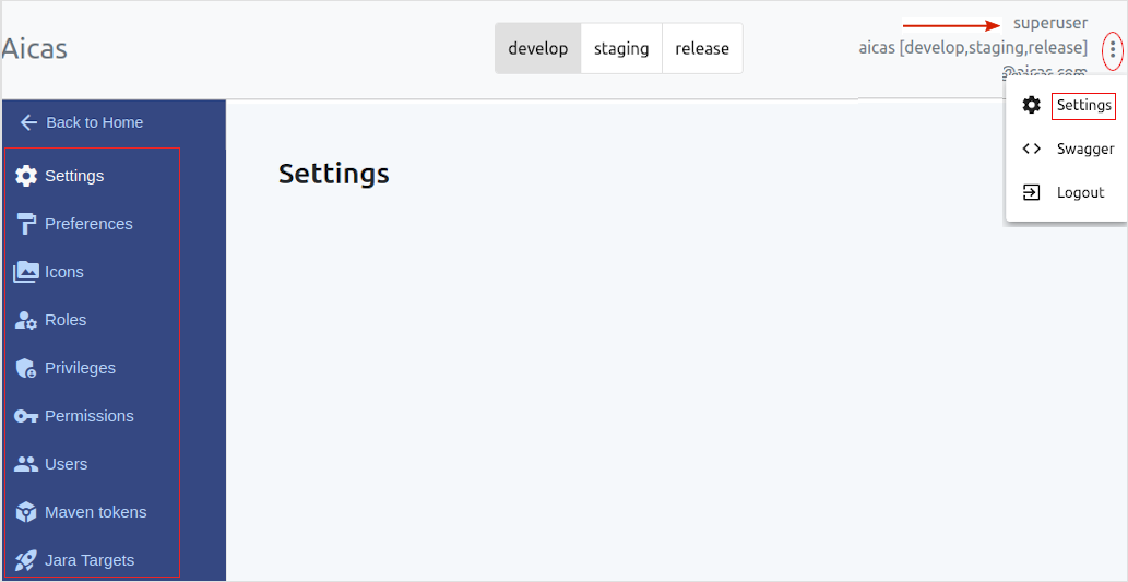 Settings menu
