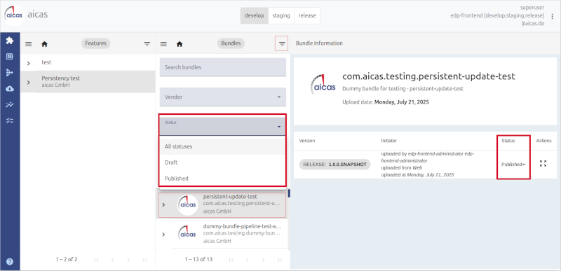 searching and selecting a bundle status