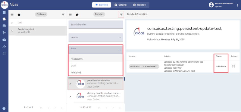 searching and selecting a bundle status